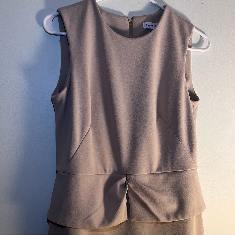 Calvin Klein Sleeveless Peplum Sheath Dress in tan 6 - Picture 3 of 5